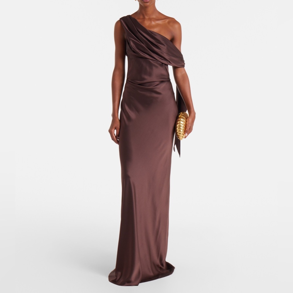 One-Shoulder 100% Silk Satin Evening Gown in Chocolate Brown - Picture 2 of 12